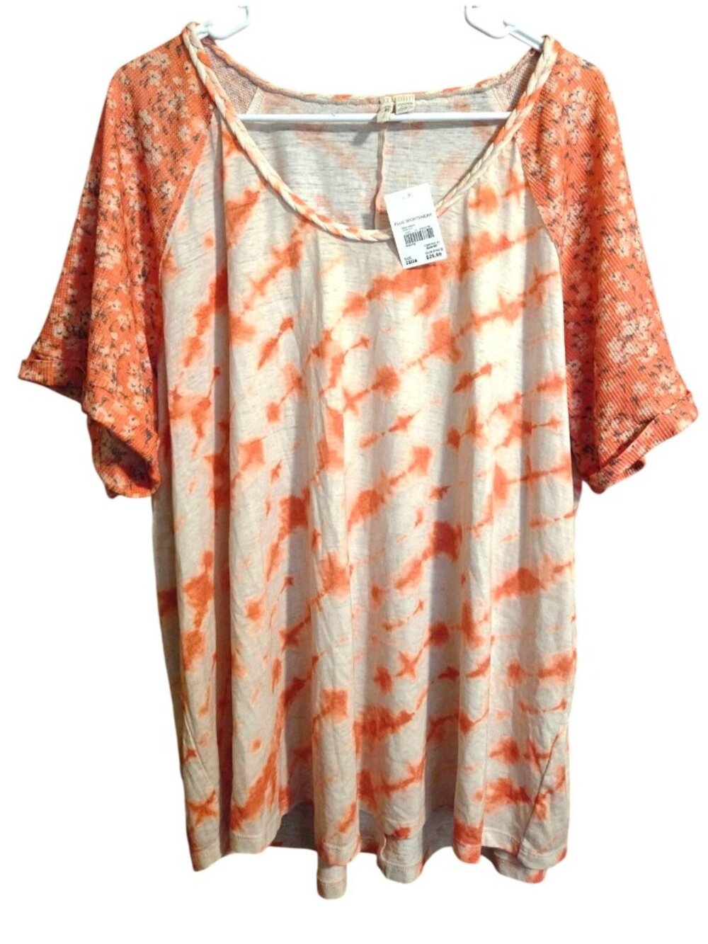 Orange Tie-Dye Plus Size Top With Floral Sleeves & Braided Neckline Size 22/24W